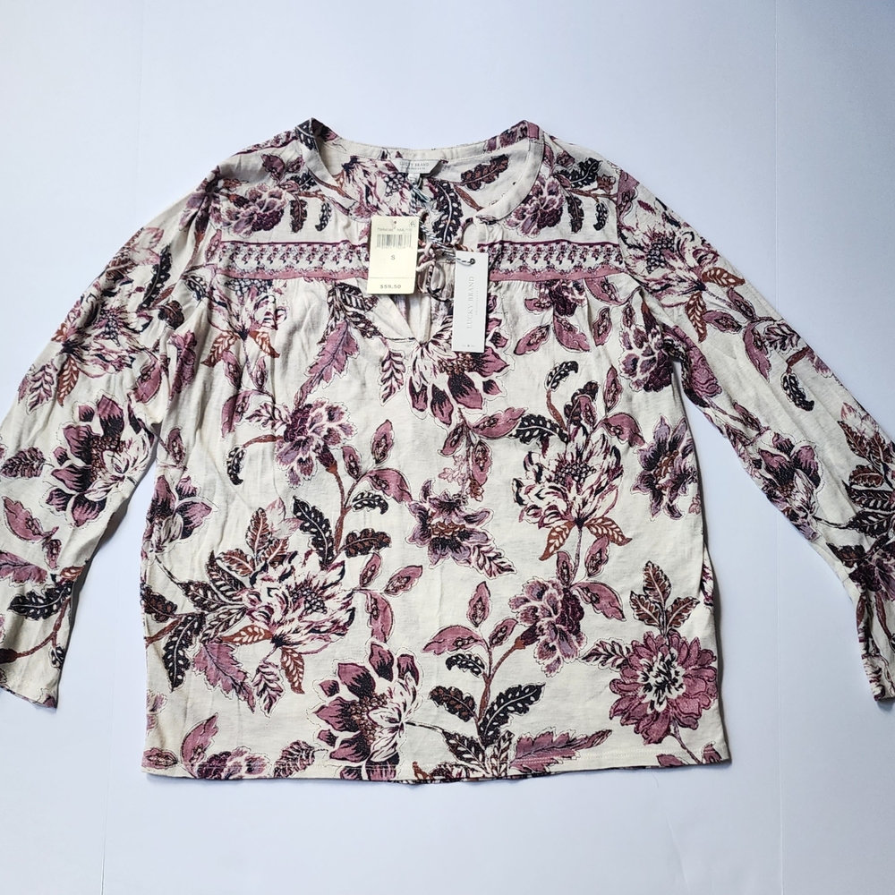 Lucky Brand Floral Long Sleeve Tie Neck Top in Purple and White Sz Small